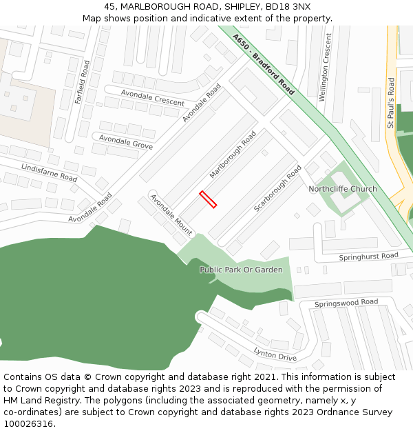 45, MARLBOROUGH ROAD, SHIPLEY, BD18 3NX: Location map and indicative extent of plot