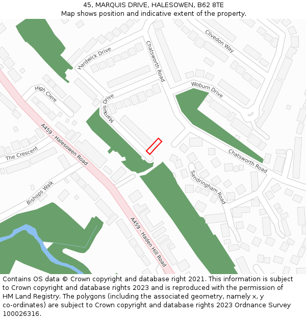 45, MARQUIS DRIVE, HALESOWEN, B62 8TE: Location map and indicative extent of plot