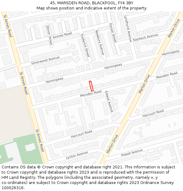 45, MARSDEN ROAD, BLACKPOOL, FY4 3BY: Location map and indicative extent of plot