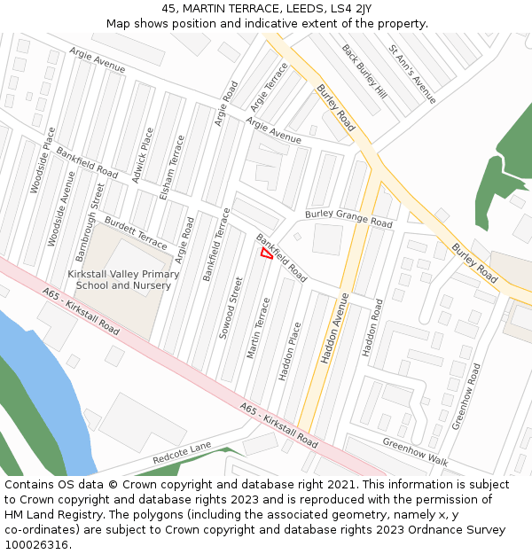 45, MARTIN TERRACE, LEEDS, LS4 2JY: Location map and indicative extent of plot