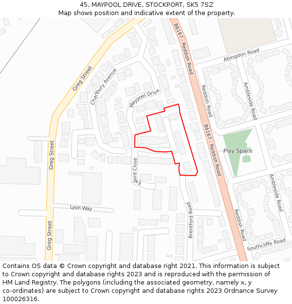 45, MAYPOOL DRIVE, STOCKPORT, SK5 7SZ: Location map and indicative extent of plot