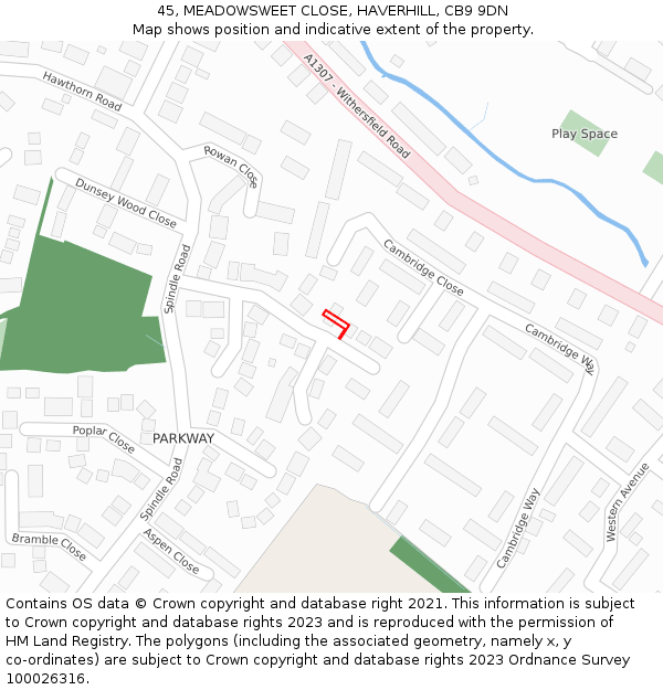 45, MEADOWSWEET CLOSE, HAVERHILL, CB9 9DN: Location map and indicative extent of plot