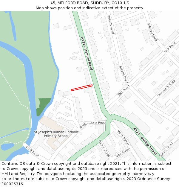 45, MELFORD ROAD, SUDBURY, CO10 1JS: Location map and indicative extent of plot