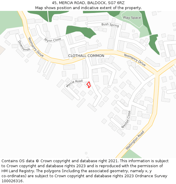 45, MERCIA ROAD, BALDOCK, SG7 6RZ: Location map and indicative extent of plot