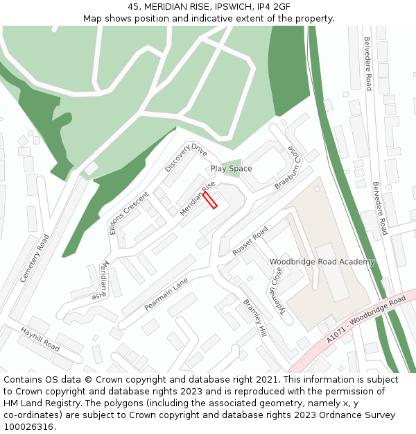 45, MERIDIAN RISE, IPSWICH, IP4 2GF: Location map and indicative extent of plot