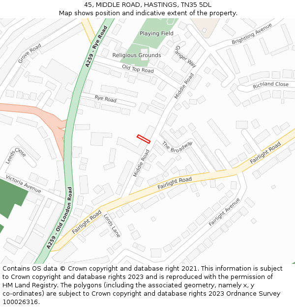 45, MIDDLE ROAD, HASTINGS, TN35 5DL: Location map and indicative extent of plot