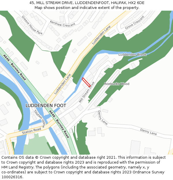 45, MILL STREAM DRIVE, LUDDENDENFOOT, HALIFAX, HX2 6DE: Location map and indicative extent of plot