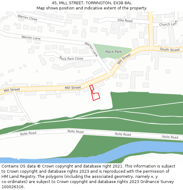 45, MILL STREET, TORRINGTON, EX38 8AL: Location map and indicative extent of plot