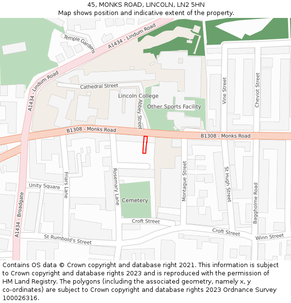 45, MONKS ROAD, LINCOLN, LN2 5HN: Location map and indicative extent of plot