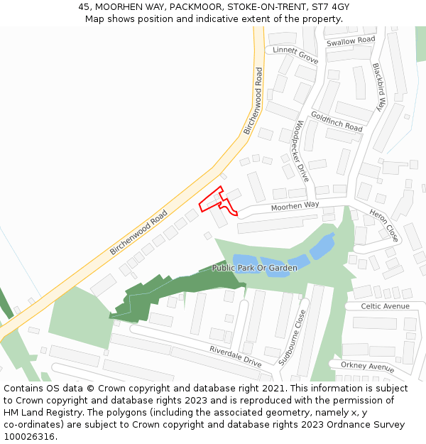 45, MOORHEN WAY, PACKMOOR, STOKE-ON-TRENT, ST7 4GY: Location map and indicative extent of plot