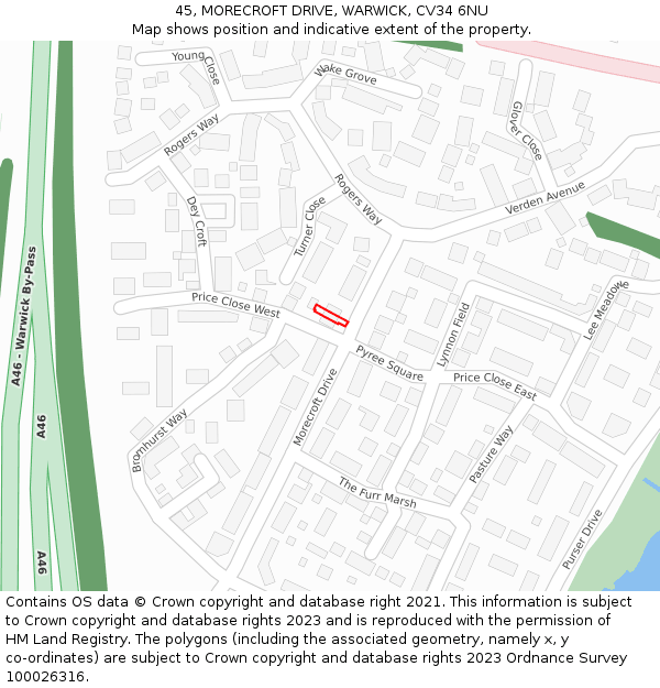 45, MORECROFT DRIVE, WARWICK, CV34 6NU: Location map and indicative extent of plot