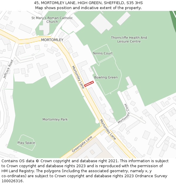 45, MORTOMLEY LANE, HIGH GREEN, SHEFFIELD, S35 3HS: Location map and indicative extent of plot