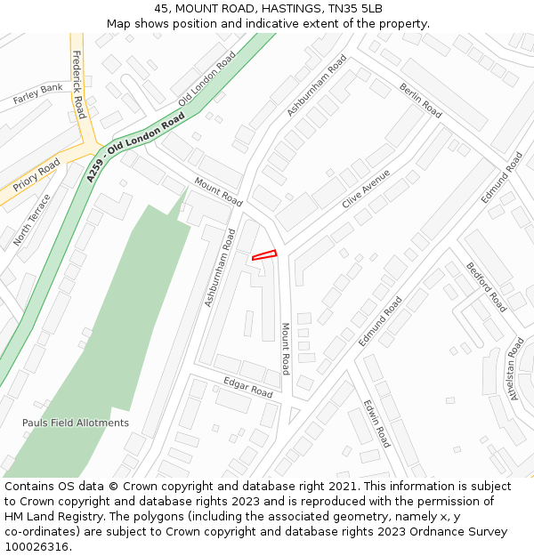 45, MOUNT ROAD, HASTINGS, TN35 5LB: Location map and indicative extent of plot