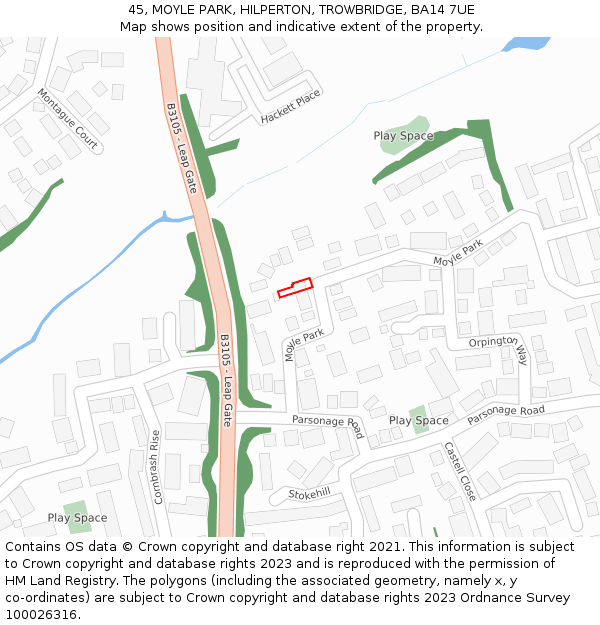 45, MOYLE PARK, HILPERTON, TROWBRIDGE, BA14 7UE: Location map and indicative extent of plot
