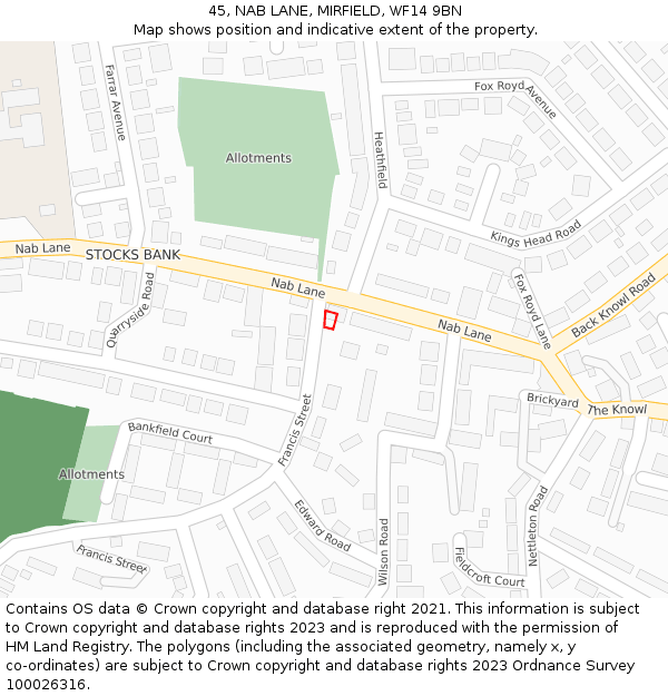 45, NAB LANE, MIRFIELD, WF14 9BN: Location map and indicative extent of plot