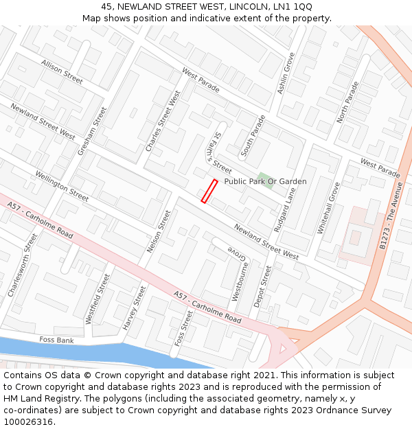 45, NEWLAND STREET WEST, LINCOLN, LN1 1QQ: Location map and indicative extent of plot