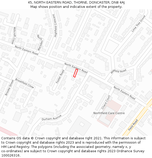 45, NORTH EASTERN ROAD, THORNE, DONCASTER, DN8 4AJ: Location map and indicative extent of plot