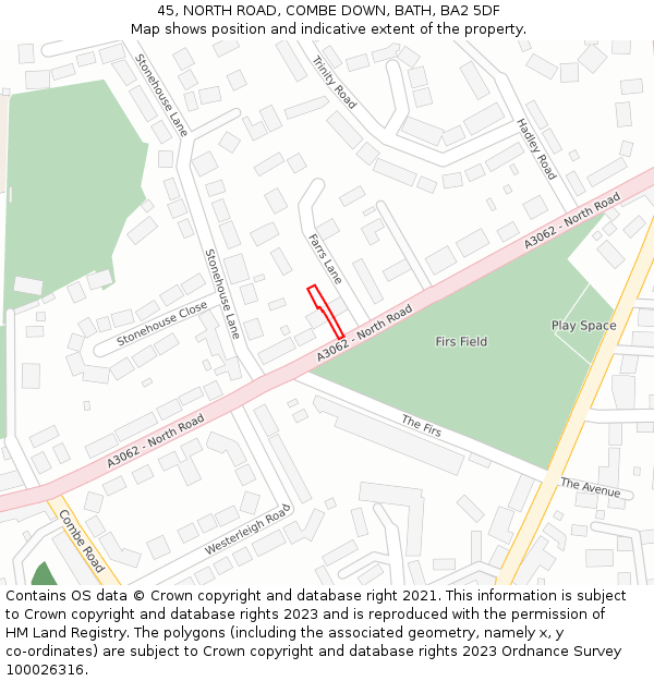 45, NORTH ROAD, COMBE DOWN, BATH, BA2 5DF: Location map and indicative extent of plot