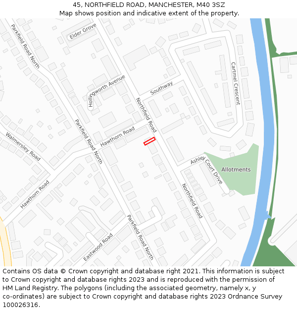 45, NORTHFIELD ROAD, MANCHESTER, M40 3SZ: Location map and indicative extent of plot