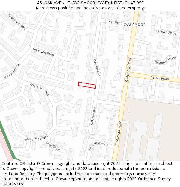 45, OAK AVENUE, OWLSMOOR, SANDHURST, GU47 0SF: Location map and indicative extent of plot