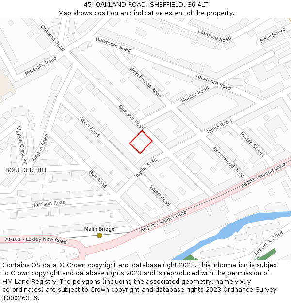 45, OAKLAND ROAD, SHEFFIELD, S6 4LT: Location map and indicative extent of plot