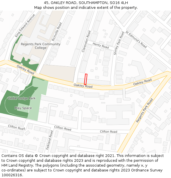 45, OAKLEY ROAD, SOUTHAMPTON, SO16 4LH: Location map and indicative extent of plot