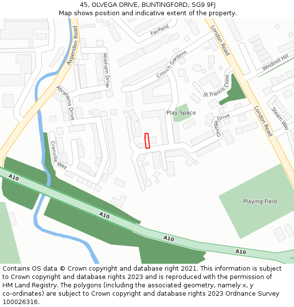 45, OLVEGA DRIVE, BUNTINGFORD, SG9 9FJ: Location map and indicative extent of plot