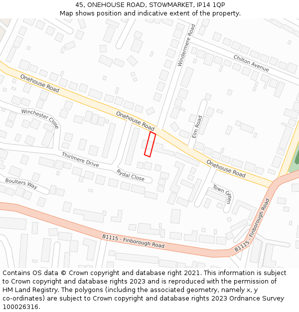 45, ONEHOUSE ROAD, STOWMARKET, IP14 1QP: Location map and indicative extent of plot