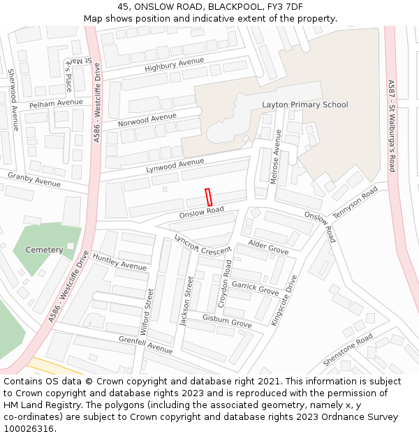 45, ONSLOW ROAD, BLACKPOOL, FY3 7DF: Location map and indicative extent of plot