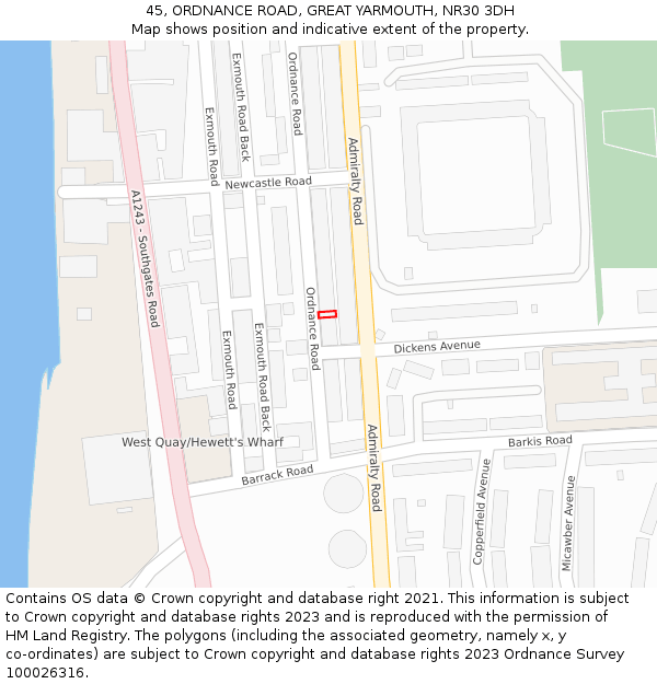 45, ORDNANCE ROAD, GREAT YARMOUTH, NR30 3DH: Location map and indicative extent of plot