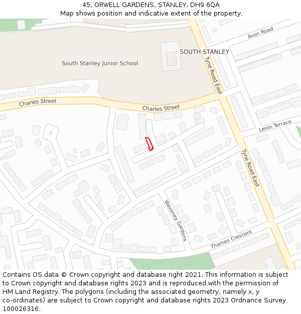 45, ORWELL GARDENS, STANLEY, DH9 6QA: Location map and indicative extent of plot