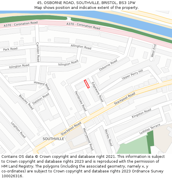 45, OSBORNE ROAD, SOUTHVILLE, BRISTOL, BS3 1PW: Location map and indicative extent of plot