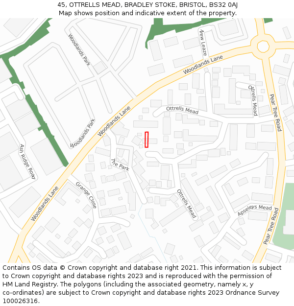 45, OTTRELLS MEAD, BRADLEY STOKE, BRISTOL, BS32 0AJ: Location map and indicative extent of plot