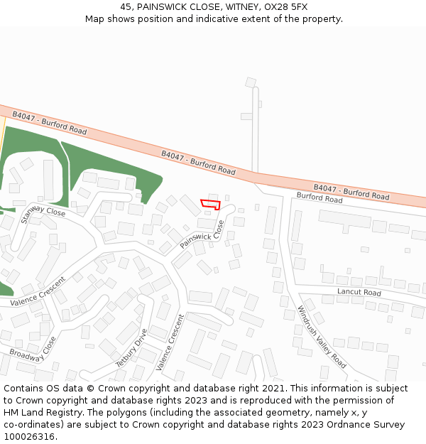 45, PAINSWICK CLOSE, WITNEY, OX28 5FX: Location map and indicative extent of plot