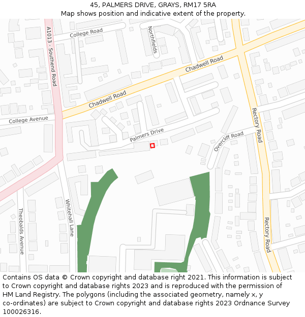 45, PALMERS DRIVE, GRAYS, RM17 5RA: Location map and indicative extent of plot
