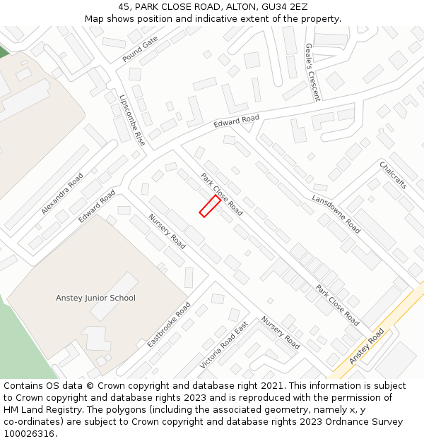 45, PARK CLOSE ROAD, ALTON, GU34 2EZ: Location map and indicative extent of plot