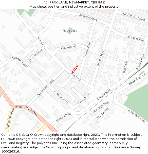 45, PARK LANE, NEWMARKET, CB8 8AZ: Location map and indicative extent of plot