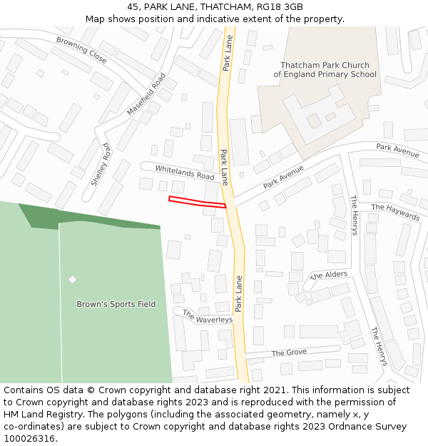 45, PARK LANE, THATCHAM, RG18 3GB: Location map and indicative extent of plot