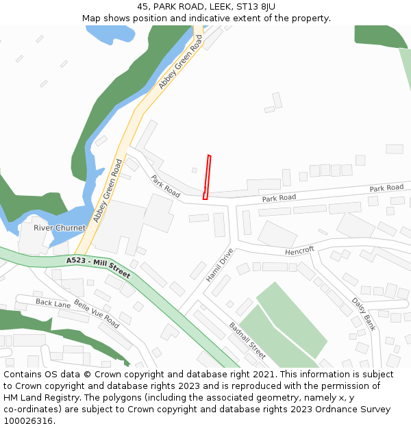 45, PARK ROAD, LEEK, ST13 8JU: Location map and indicative extent of plot