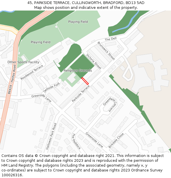 45, PARKSIDE TERRACE, CULLINGWORTH, BRADFORD, BD13 5AD: Location map and indicative extent of plot