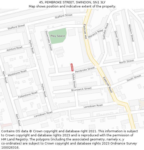 45, PEMBROKE STREET, SWINDON, SN1 3LY: Location map and indicative extent of plot