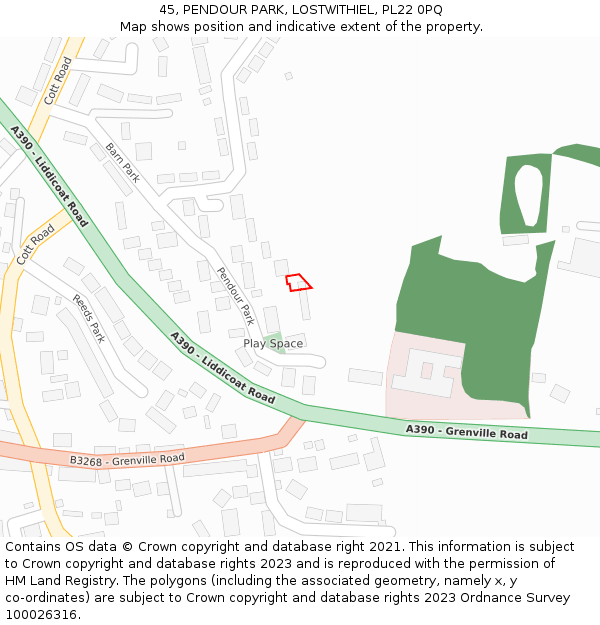 45, PENDOUR PARK, LOSTWITHIEL, PL22 0PQ: Location map and indicative extent of plot