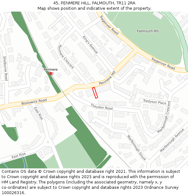 45, PENMERE HILL, FALMOUTH, TR11 2RA: Location map and indicative extent of plot