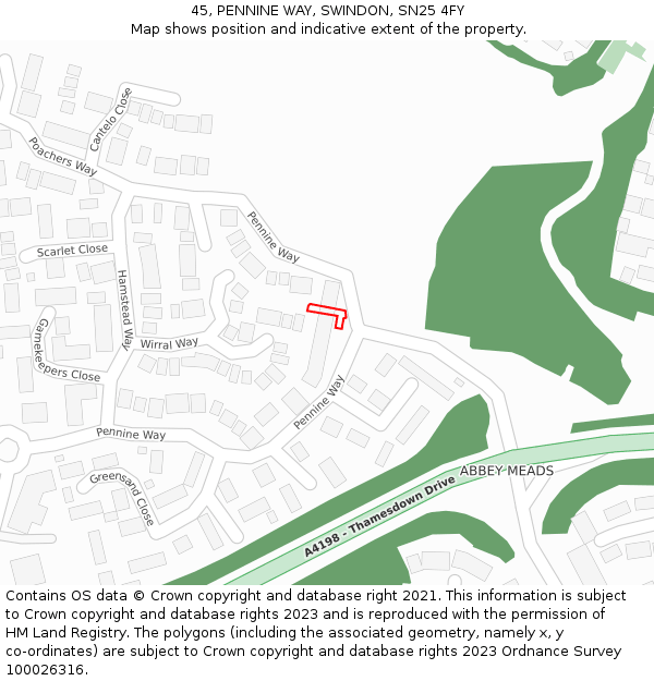 45, PENNINE WAY, SWINDON, SN25 4FY: Location map and indicative extent of plot