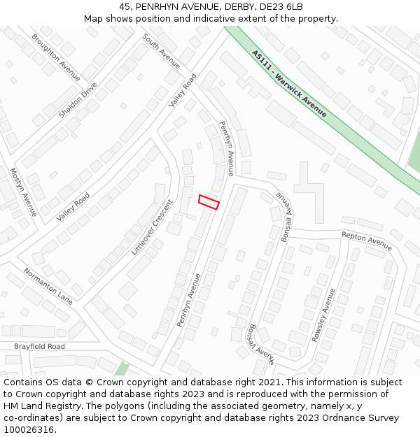 45, PENRHYN AVENUE, DERBY, DE23 6LB: Location map and indicative extent of plot