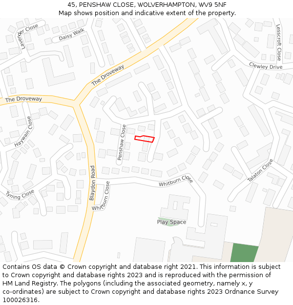 45, PENSHAW CLOSE, WOLVERHAMPTON, WV9 5NF: Location map and indicative extent of plot
