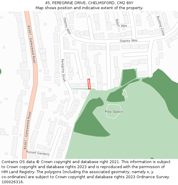 45, PEREGRINE DRIVE, CHELMSFORD, CM2 8XY: Location map and indicative extent of plot