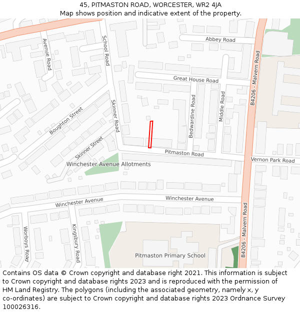 45, PITMASTON ROAD, WORCESTER, WR2 4JA: Location map and indicative extent of plot