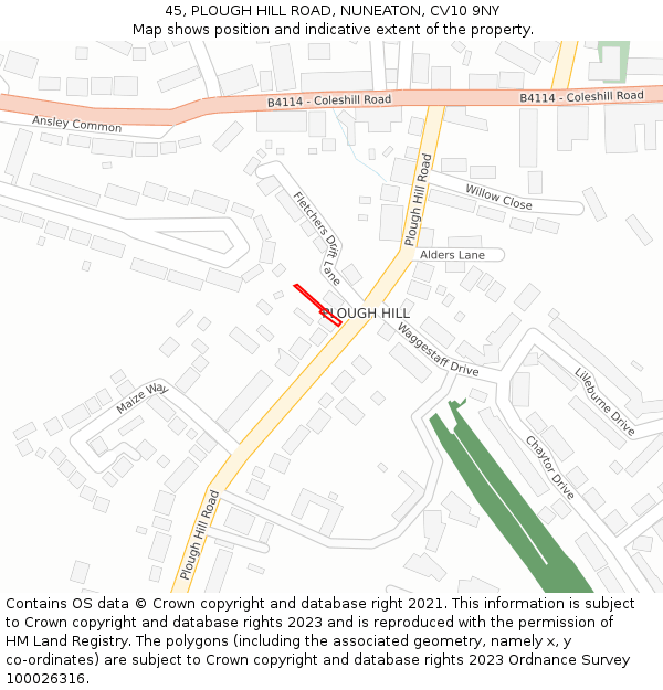 45, PLOUGH HILL ROAD, NUNEATON, CV10 9NY: Location map and indicative extent of plot