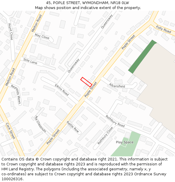 45, POPLE STREET, WYMONDHAM, NR18 0LW: Location map and indicative extent of plot